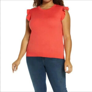 Halogen Pink Coral Rose Short Flutter Sleeve High Neck Pullover Sweater Small